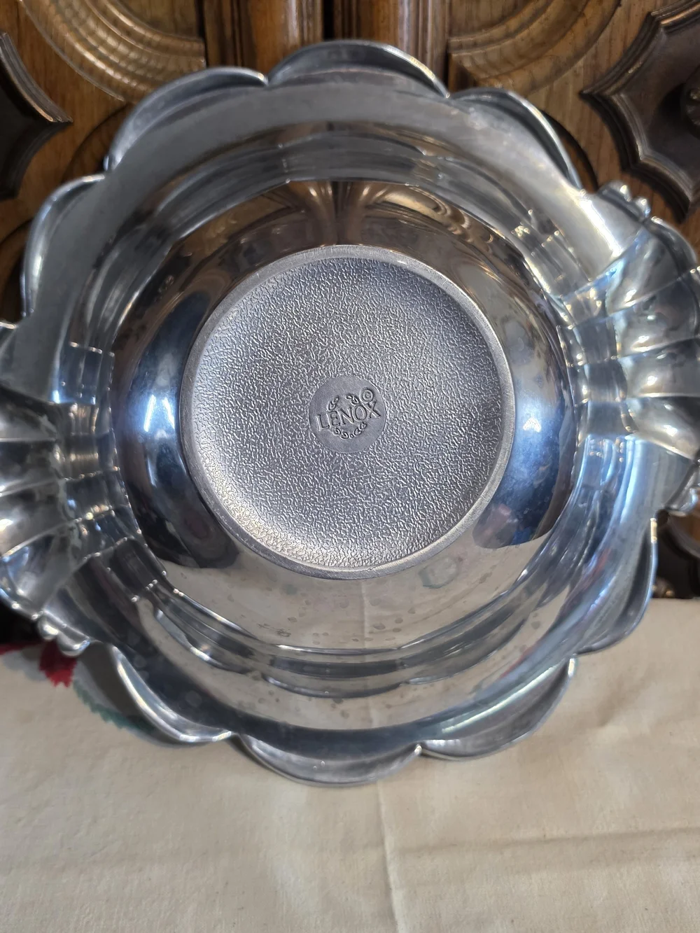 Lenox Pewter Salad Serving Bowl featuring a distinct Olive Branch pattern